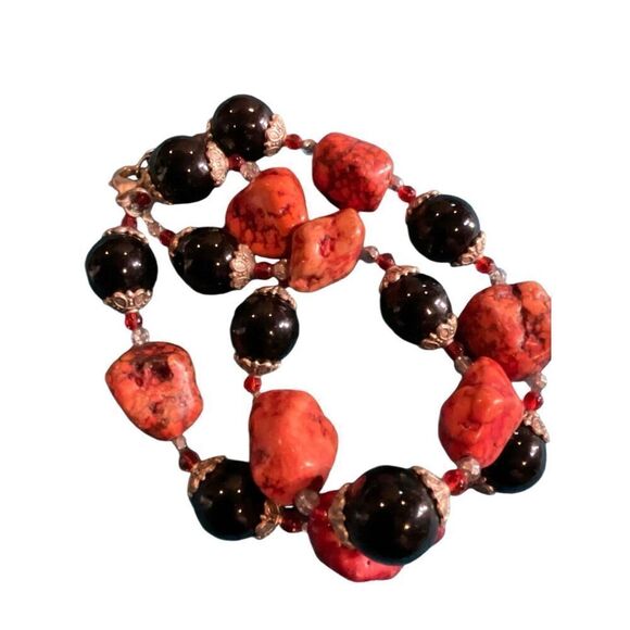 Vintage Onyx Silver Red Turquoise Necklace - Picture 4 of 13